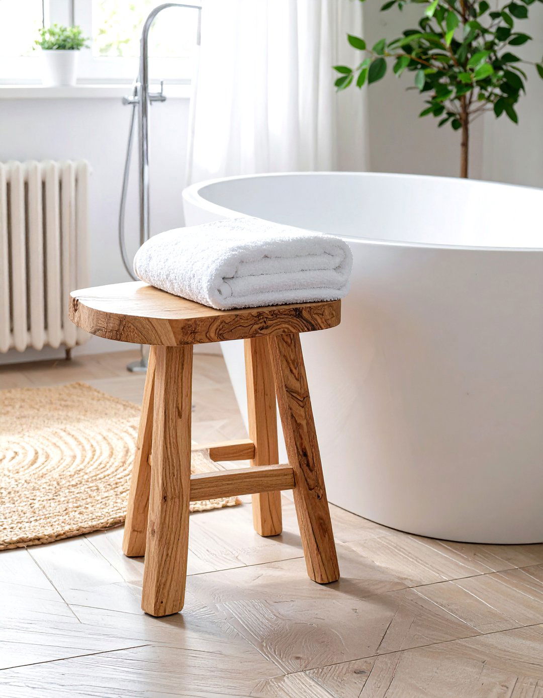 Freestanding Wooden Stool - 30 bathroom towel hanging ideas