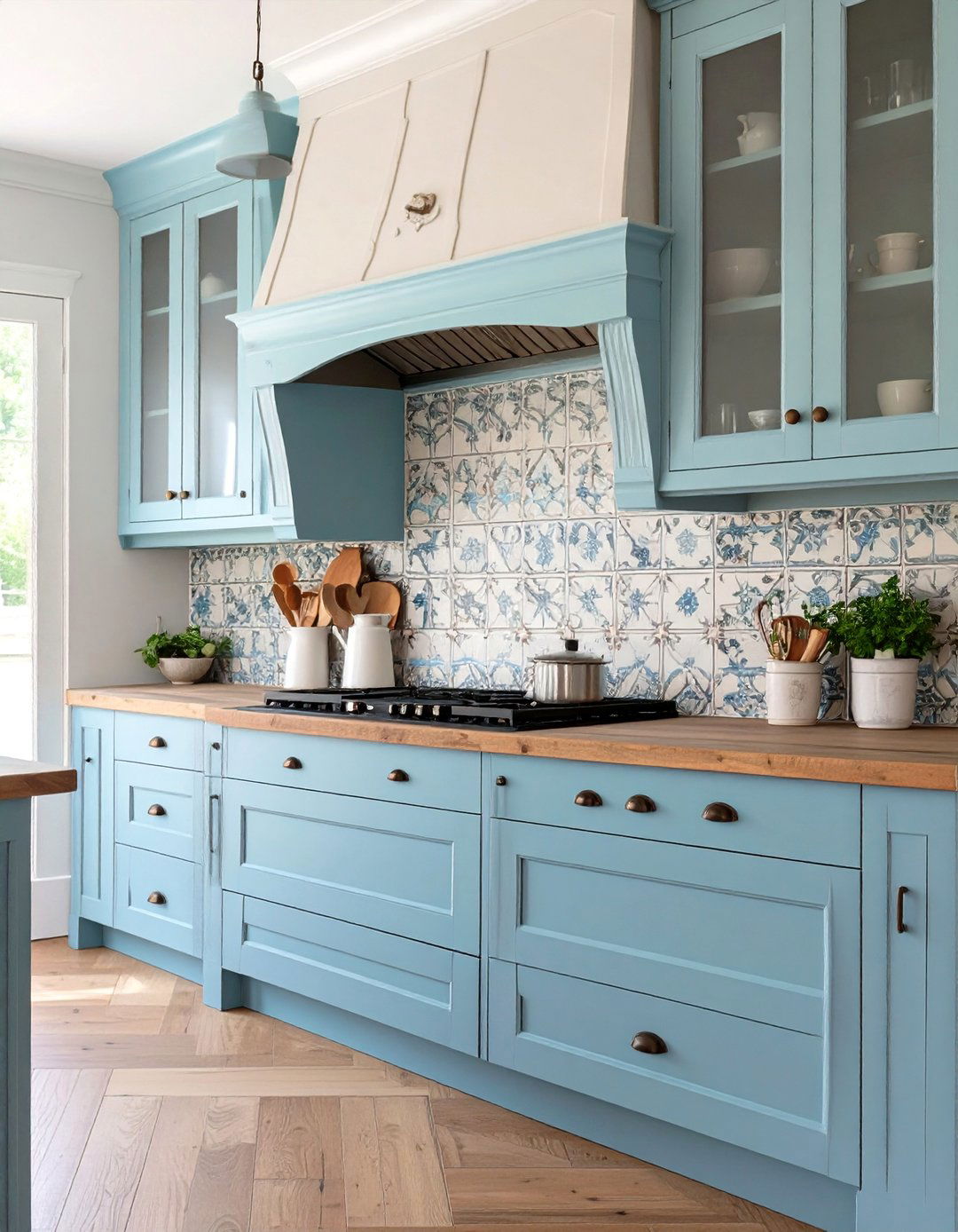 French Country Kitchen with Duck Egg Blue Cabinets - 30 blue kitchen cabinets ideas