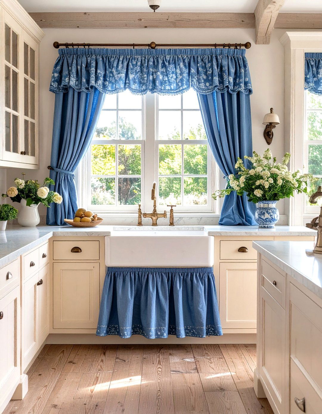 French Country Kitchen with Toile Print Tiers - 30 kitchen curtain ideas above sink