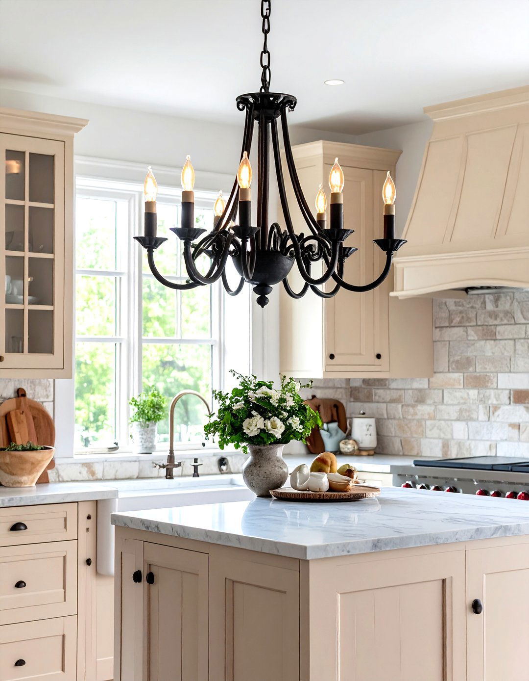 French Country Kitchen with a Wrought Iron Chandelier - 30 kitchen ceiling lights ideas
