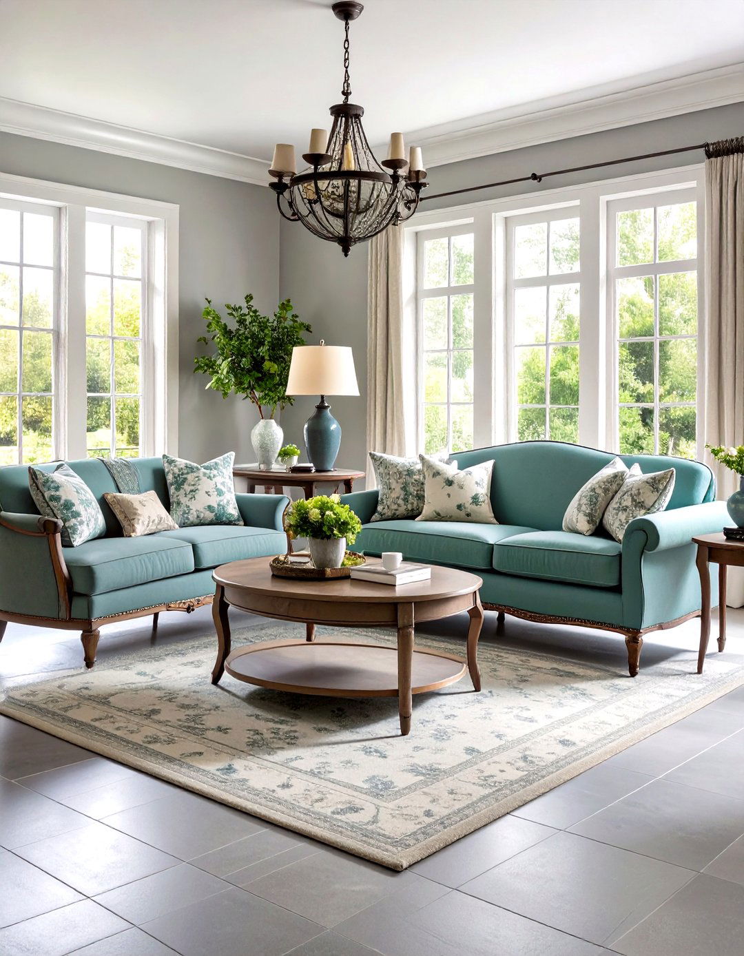 French Country Living Room with Soft Grey Tile - 30 grey flooring living room ideas