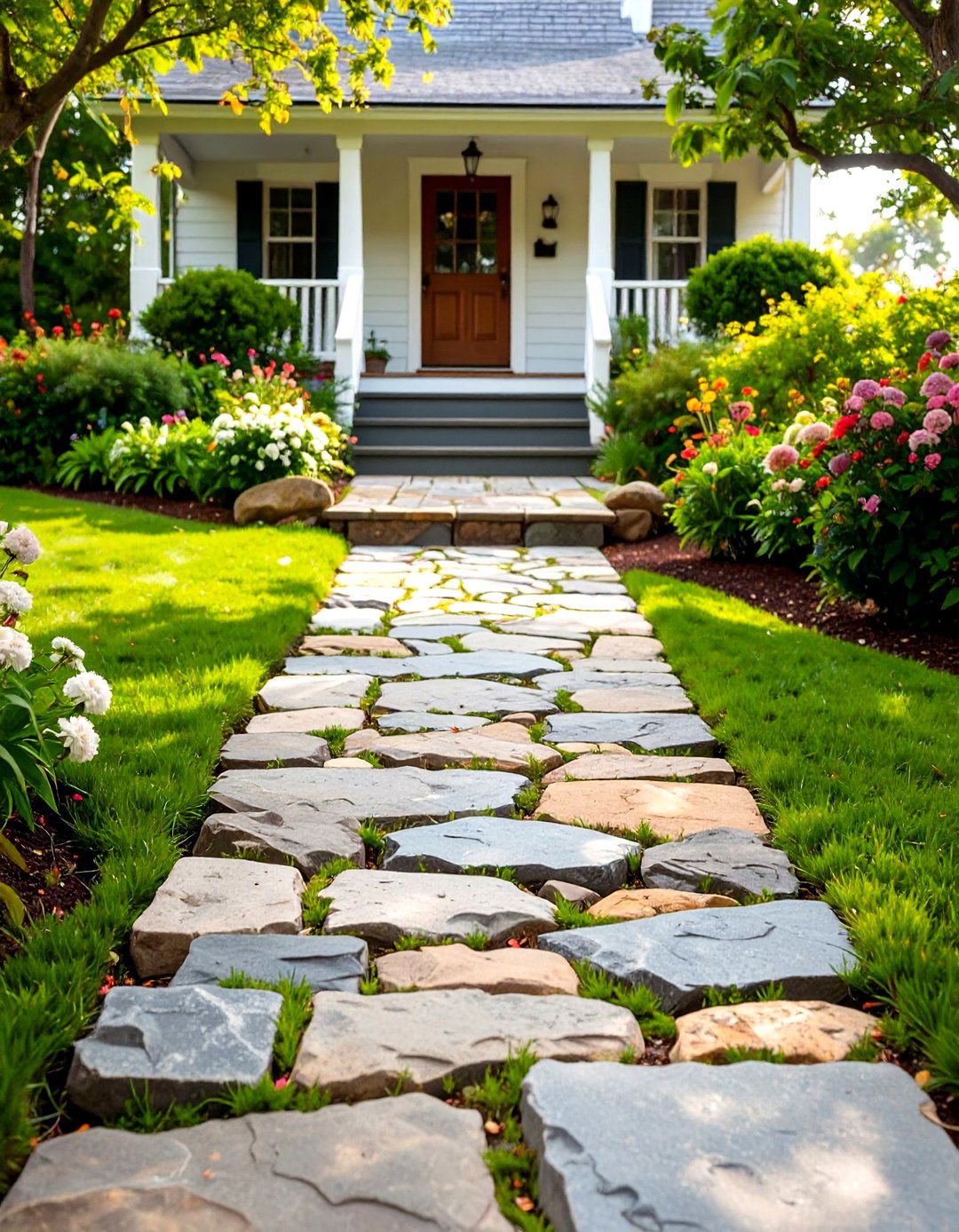 Front Porch with a Stepped Stone Walkway - 30 small cape cod front porch ideas