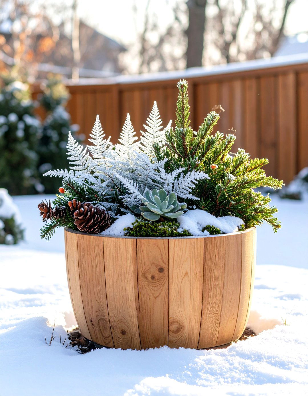 Frosted Fern and Pine Winter Planter - 30 outdoor winter planter ideas