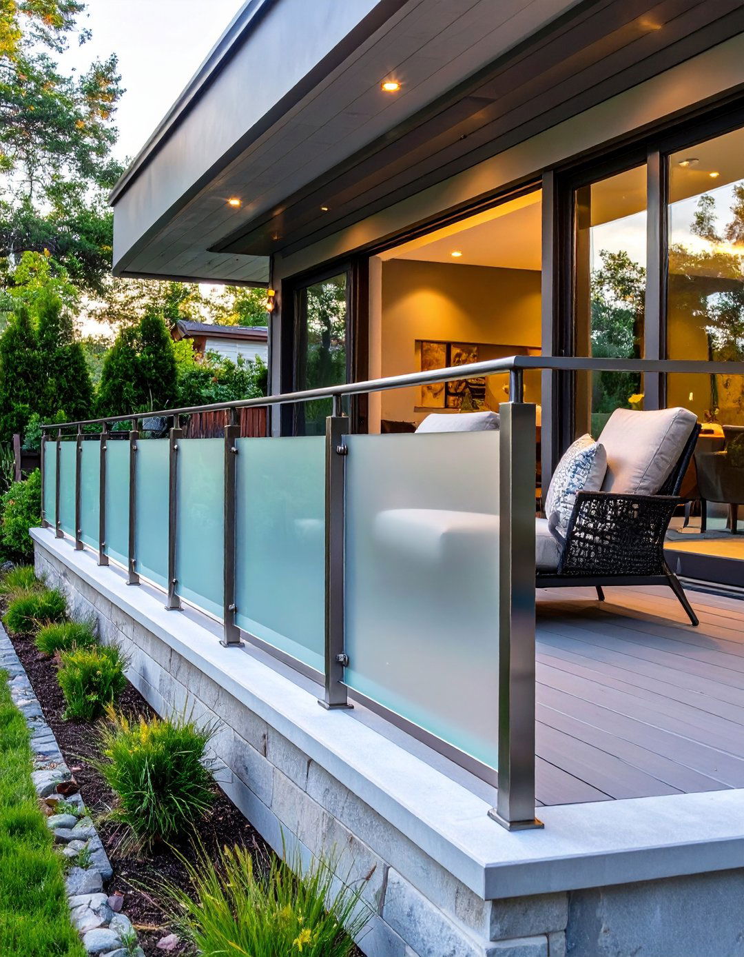 Frosted Glass Panel Privacy Railing - 30 modern deck railing ideas