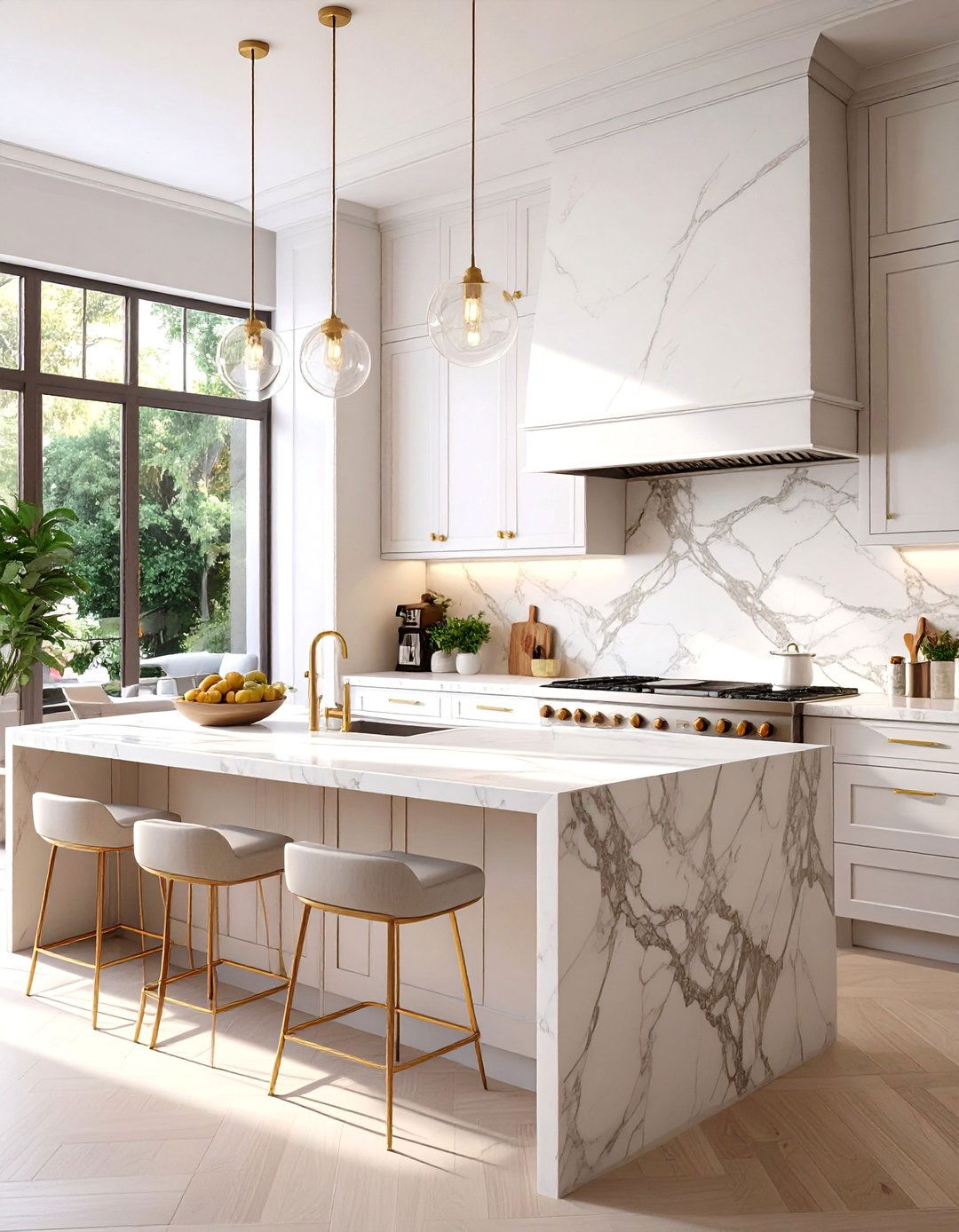 Full Height Quartz Slab Backsplash - 30 backsplash ideas for white cabinets and quartz countertops