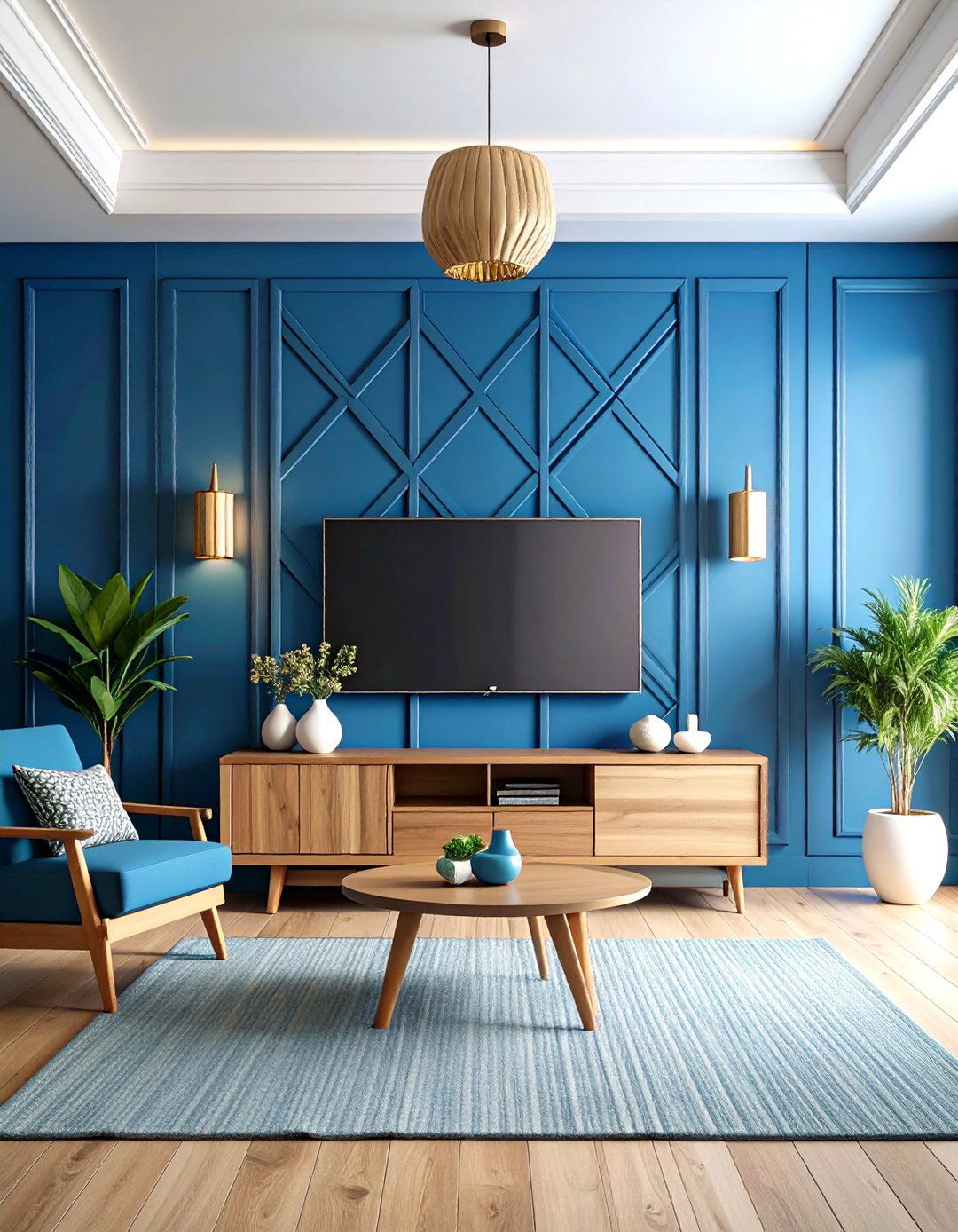 Full Wall Geometric Woodwork - 30 living room tv wall ideas