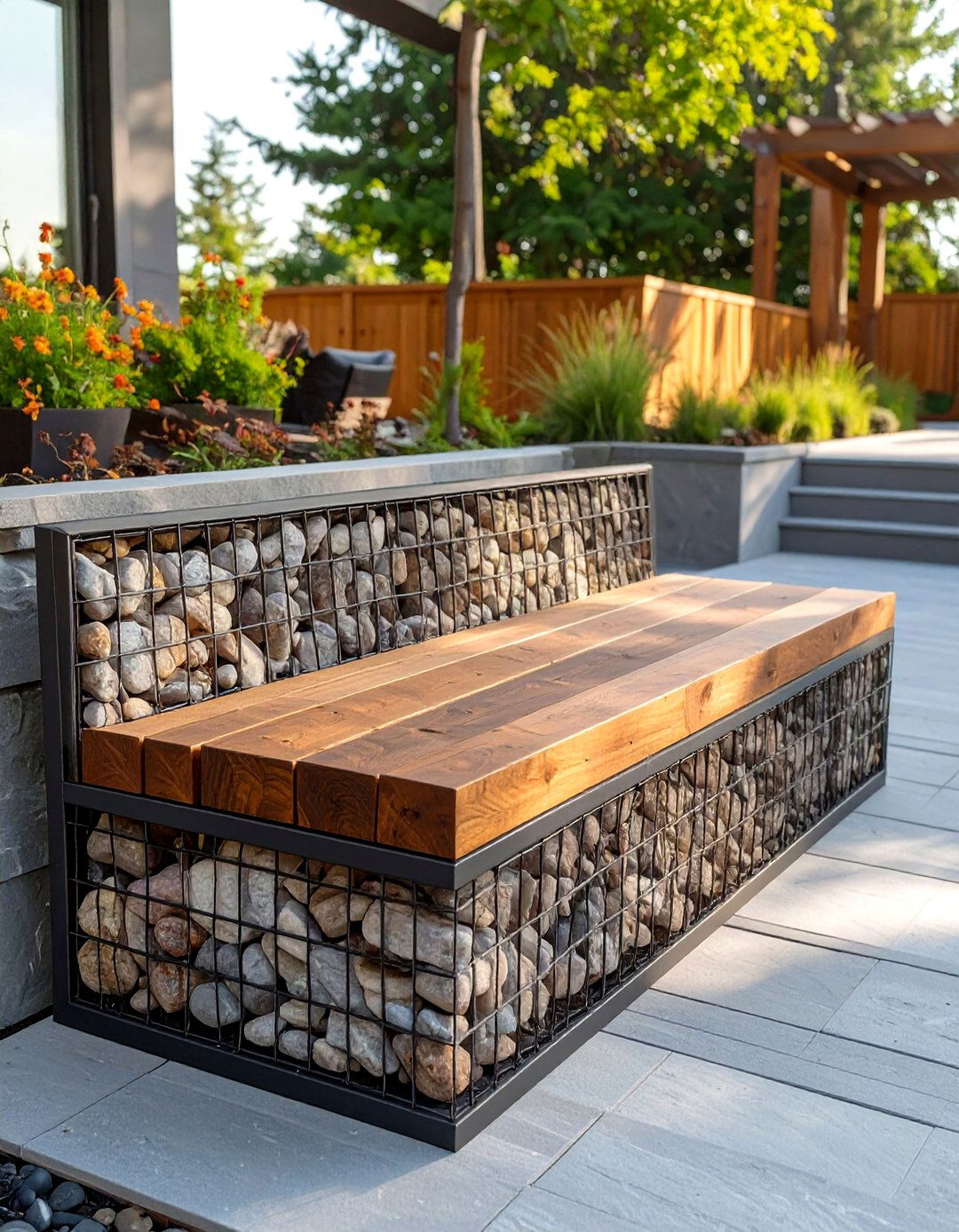 Gabion Wall Deck Bench - 30 deck bench ideas