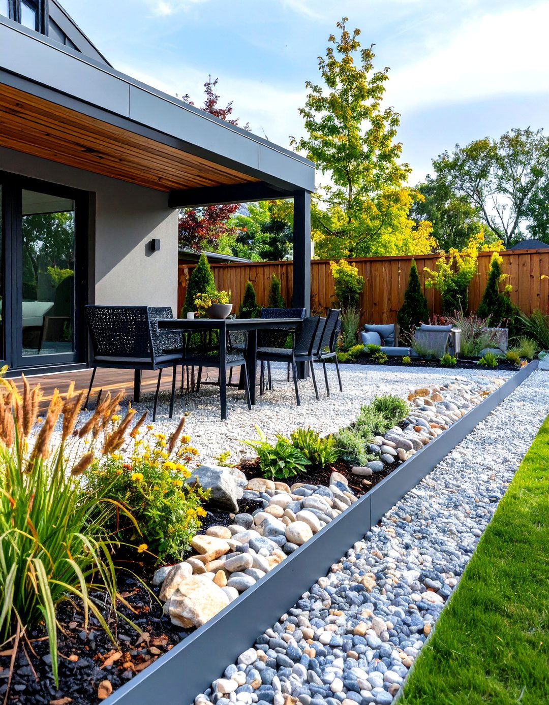 Gabion Wall Edging for a Pea Gravel Patio - 30 pea gravel patio edging ideas