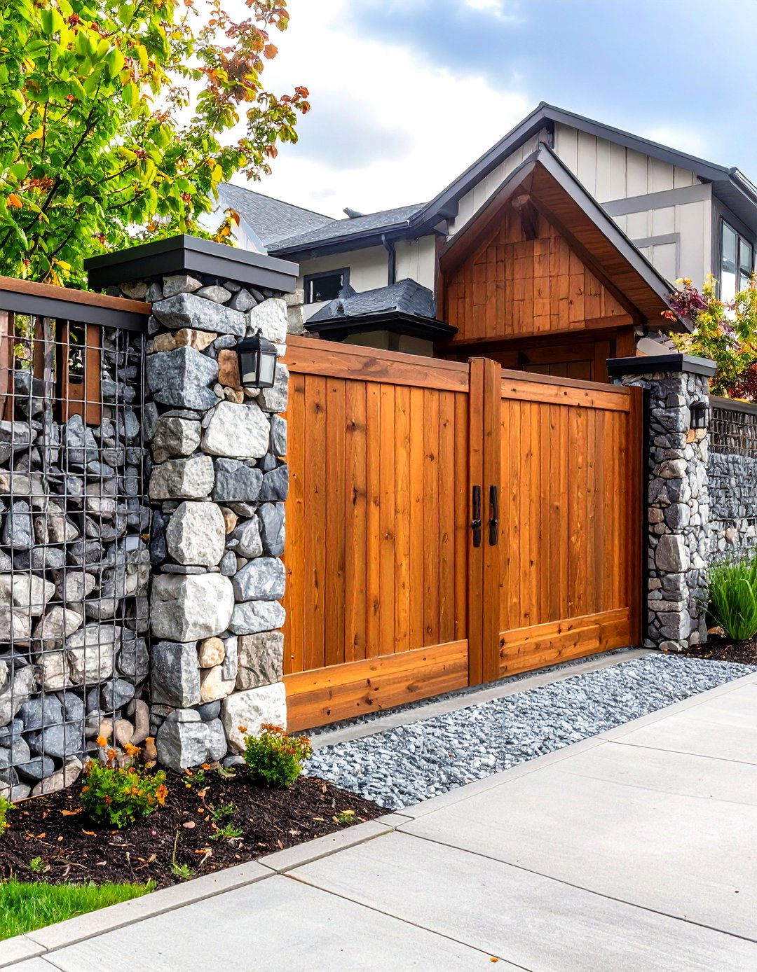 Gabion Wall Fence with Wooden Gate - 30 front yard fence ideas with driveway