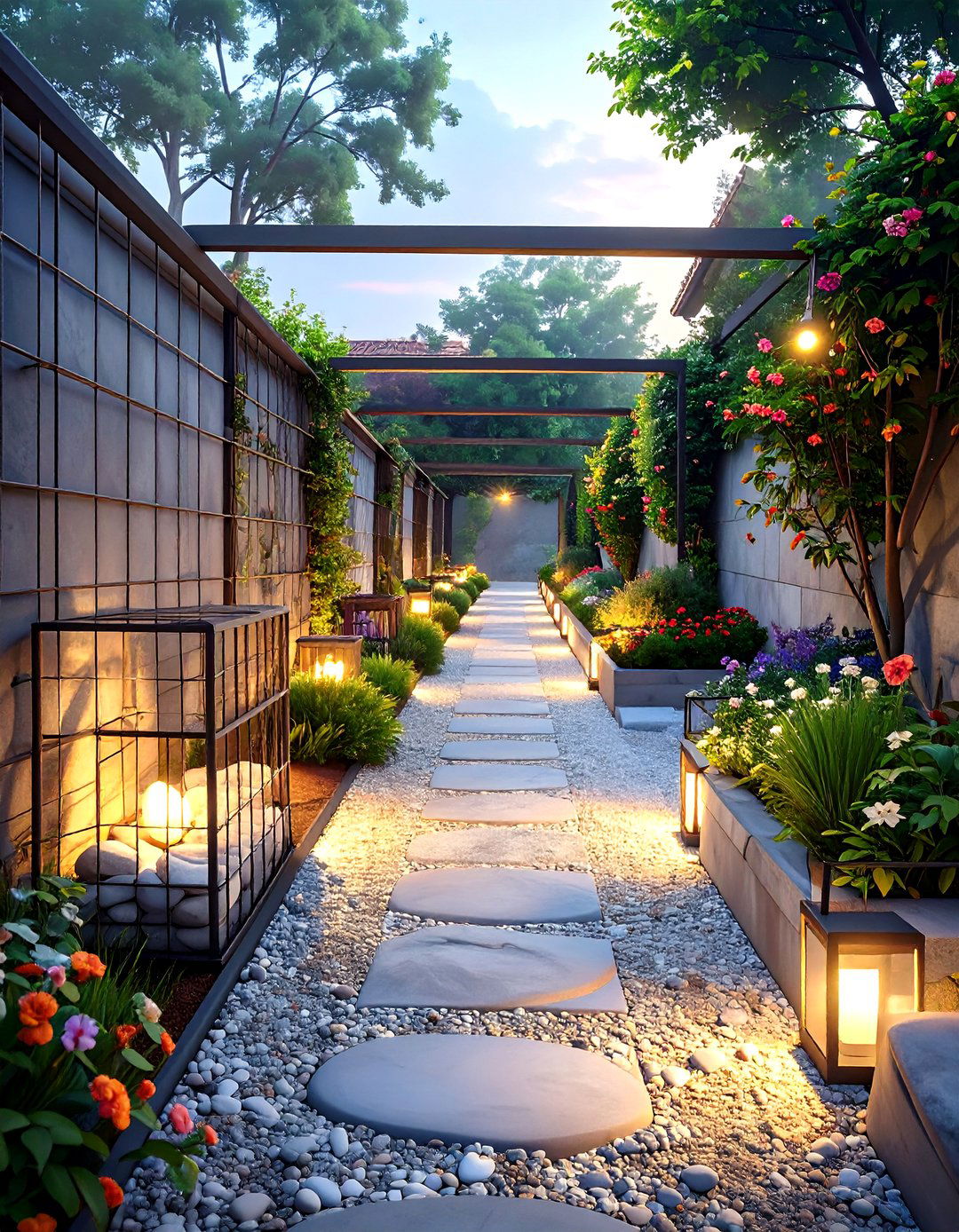 Gabion Wall Lined Garden Path - 30 modern garden path ideas