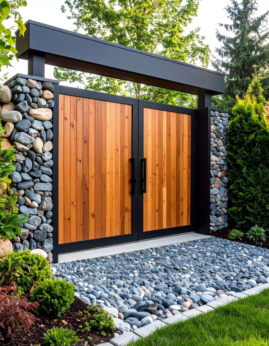 Gabion Wall and Gate Combination - 30 backyard gate ideas