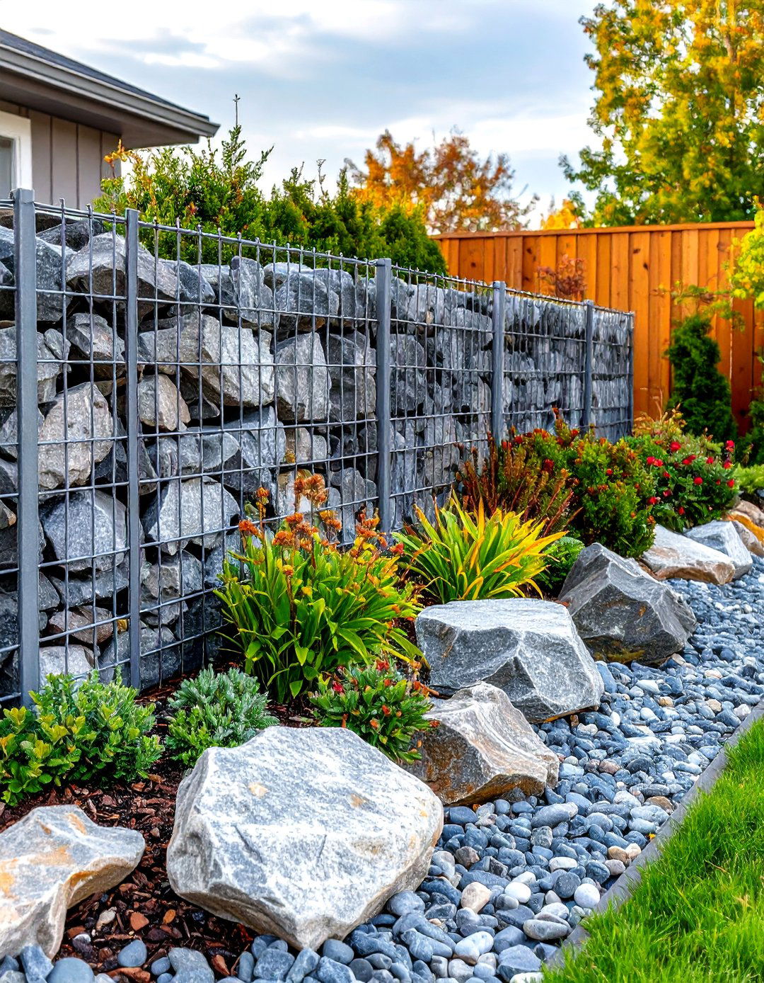 Gabion Wall and Rock Garden - 30 front yard landscaping ideas with rocks no grass