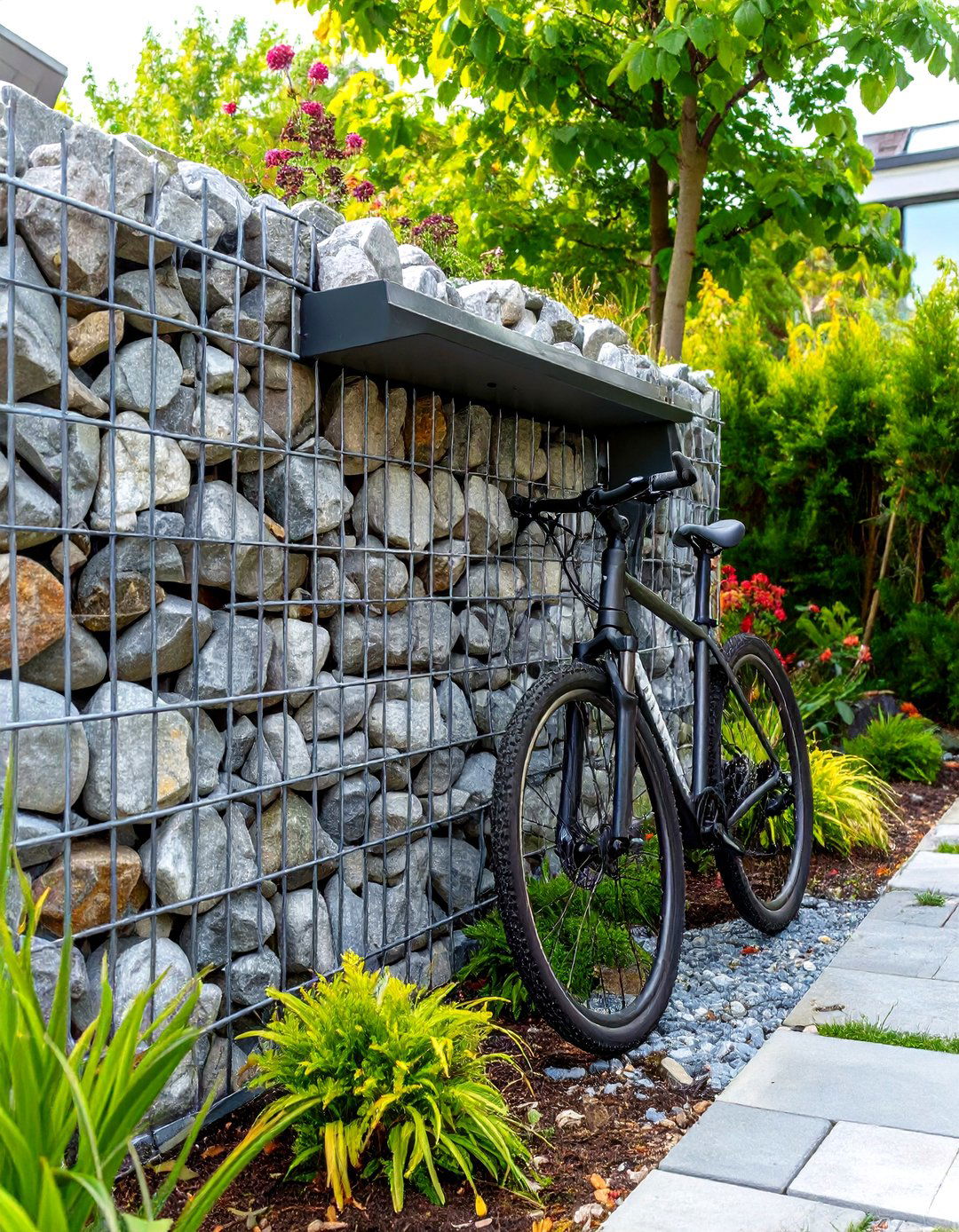 Gabion Wall with Integrated Bike Slots - 30 outdoor bike storage ideas