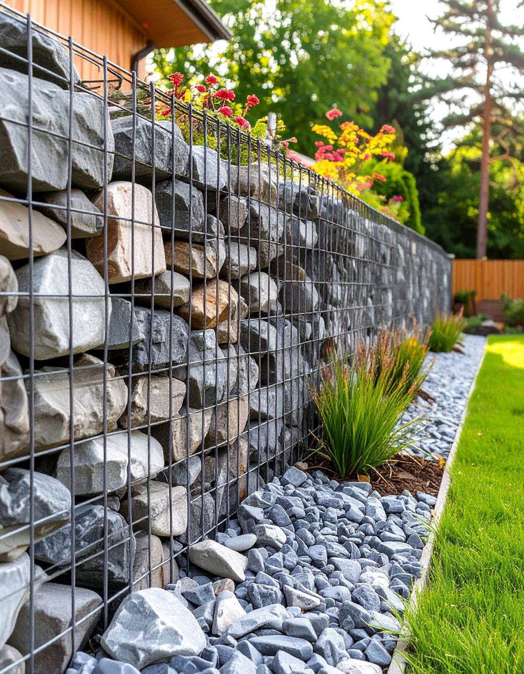Gabion Wall with River Rocks - 30 backyard wall ideas