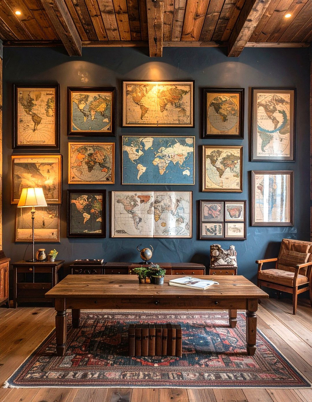 Gallery Wall of Vintage Maps - 30 rustic man cave ideas