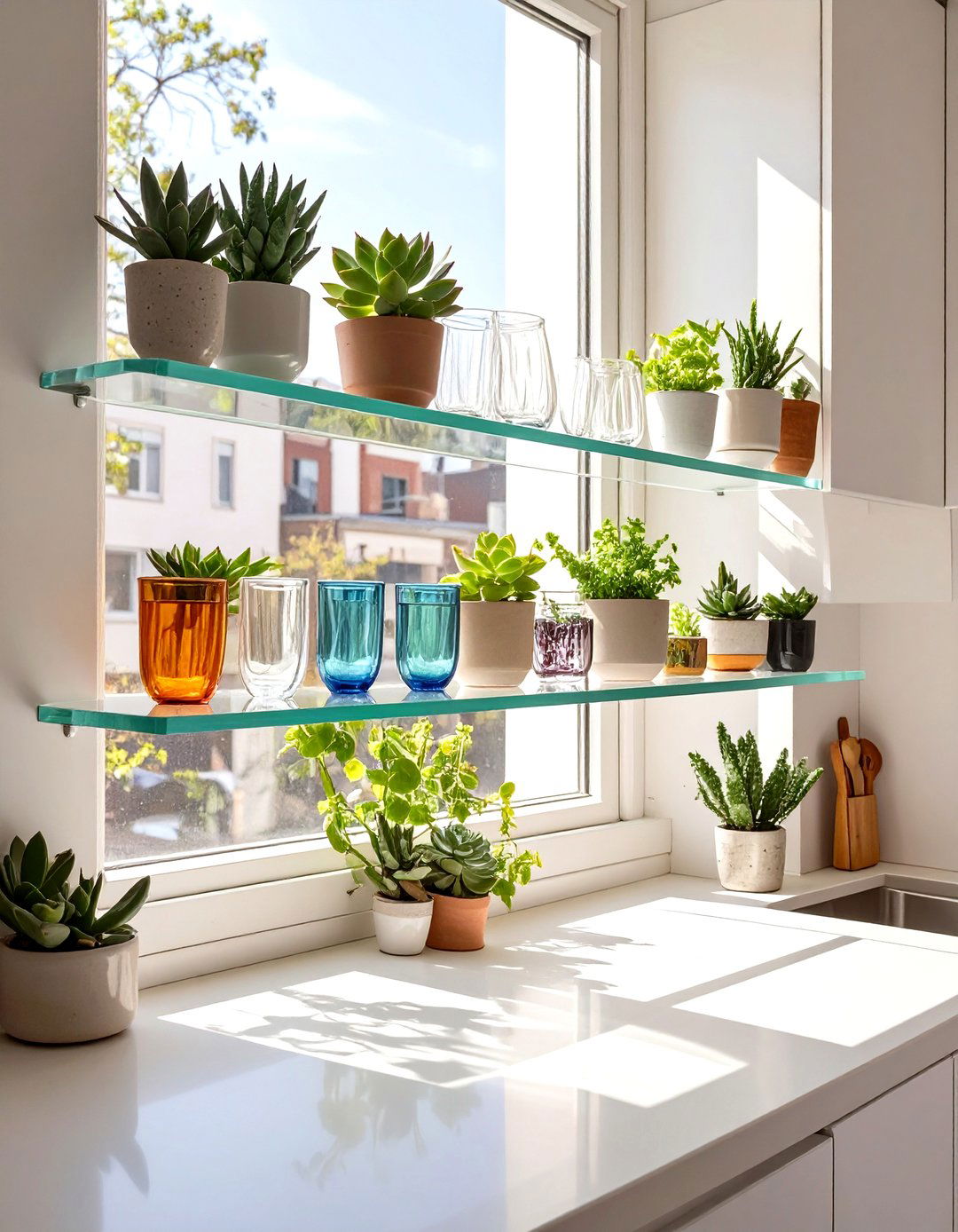Galley Kitchen with Floating Shelves Across a Window - 30 small galley kitchen ideas