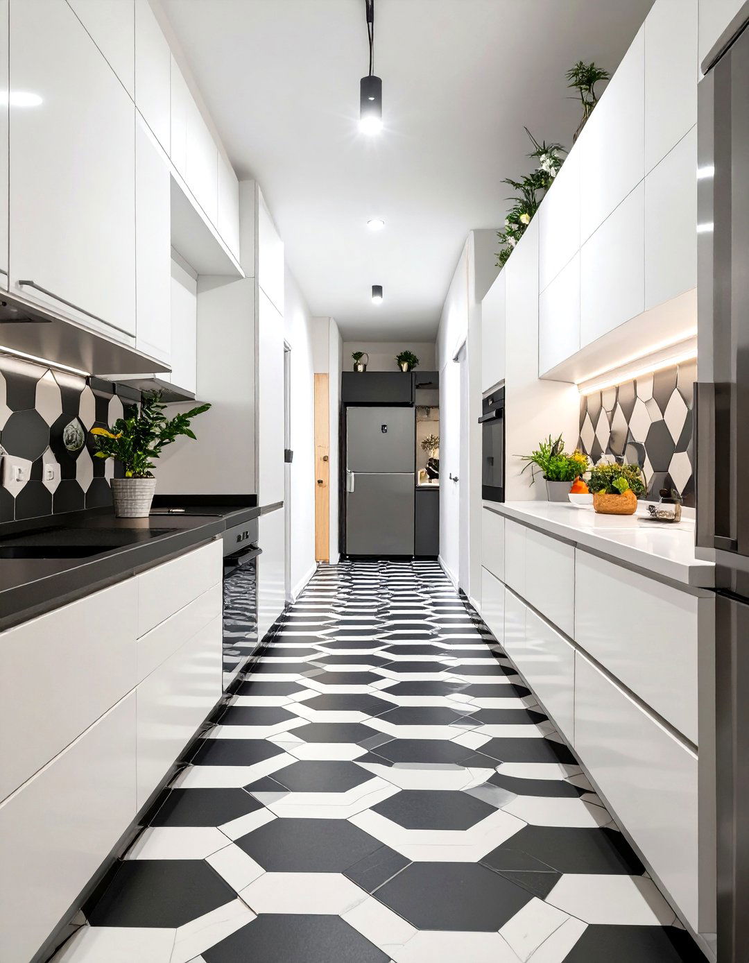 Galley Kitchen with a Bold Floor Pattern - 30 small galley kitchen ideas