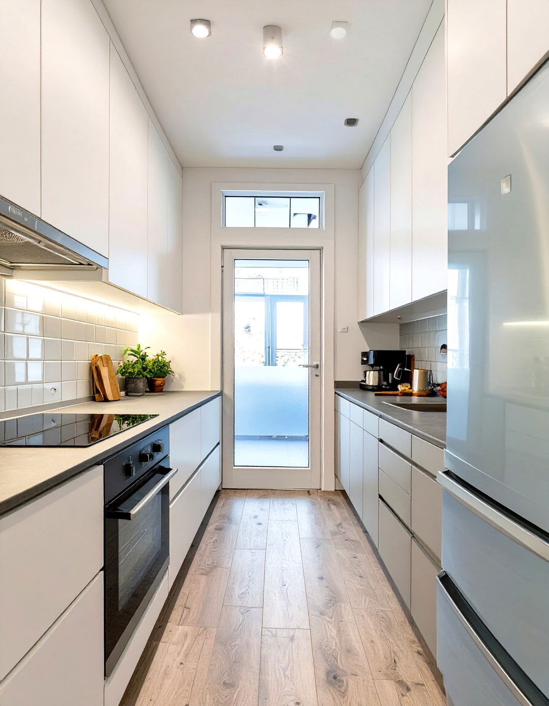 Galley Kitchen with a Glass Panel Door - 30 small galley kitchen ideas
