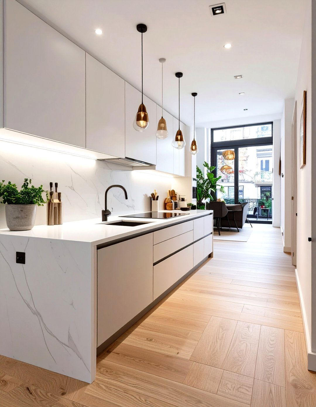 Galley Kitchen with a Waterfall Countertop - 30 small galley kitchen ideas