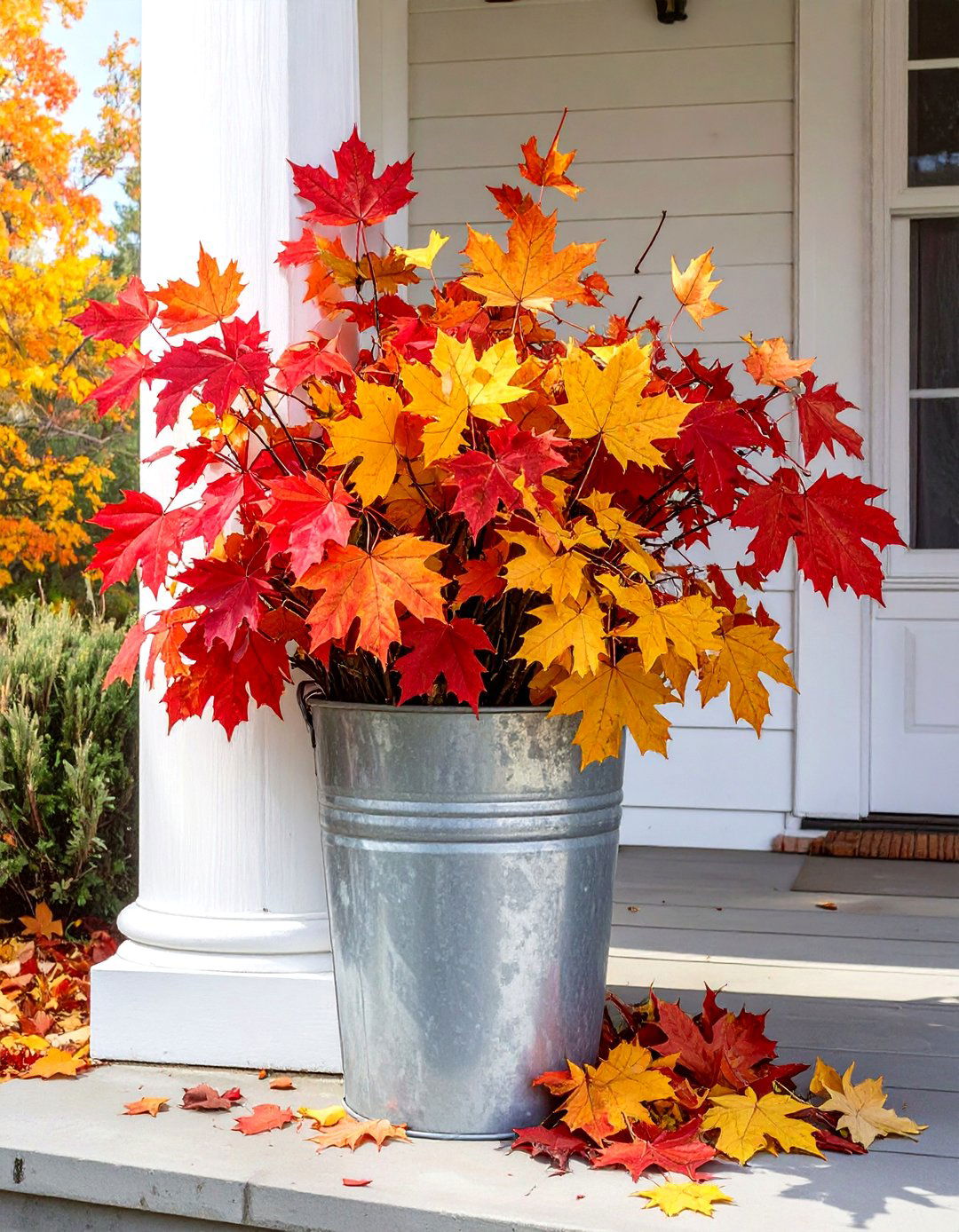 Galvanized Buckets Filled with Fall Branches - 30 outdoor fall decor ideas