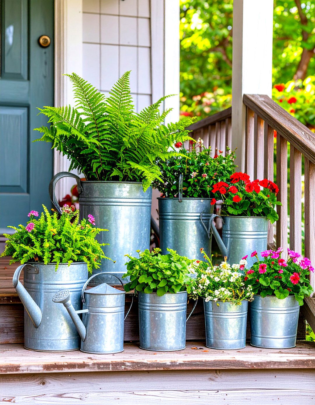 Galvanized Metal Planters for Rustic Greenery - 30 rustic front porch decorating ideas