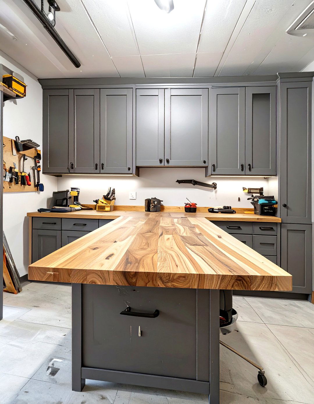 Garage Cabinets with a Butcher Block Workbench - 30 garage cabinets ideas
