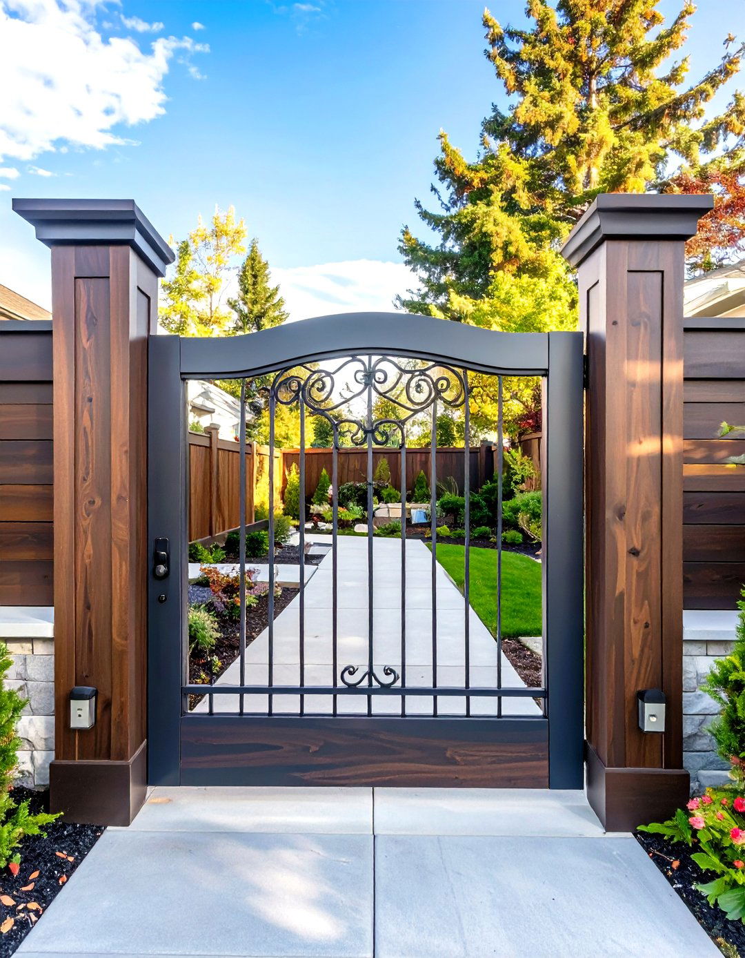 Gate with Ornamental Iron Inserts - 30 small front yard fence ideas