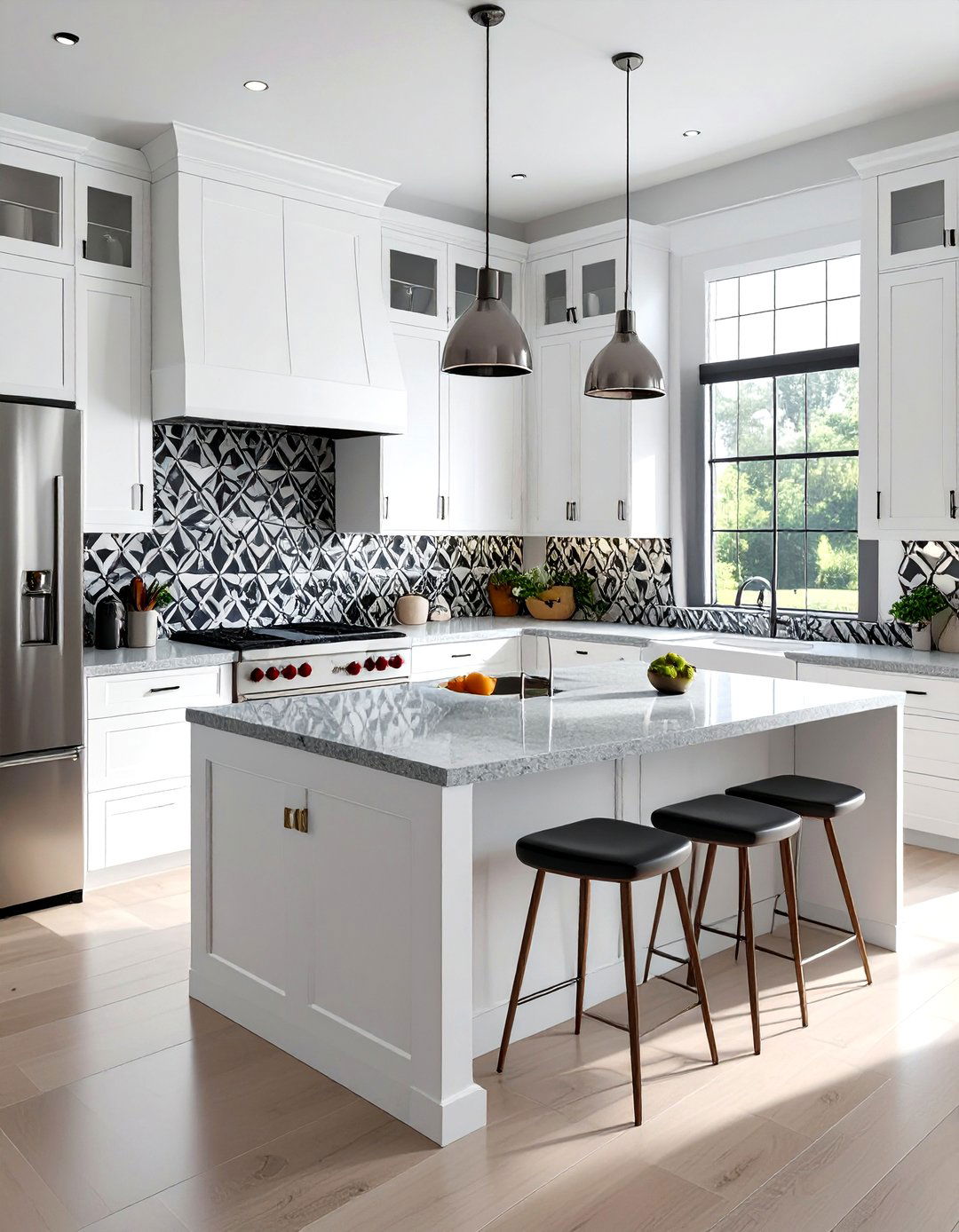 Geometric Cement Tile Backsplash - 30 backsplash ideas for white cabinets and granite countertops