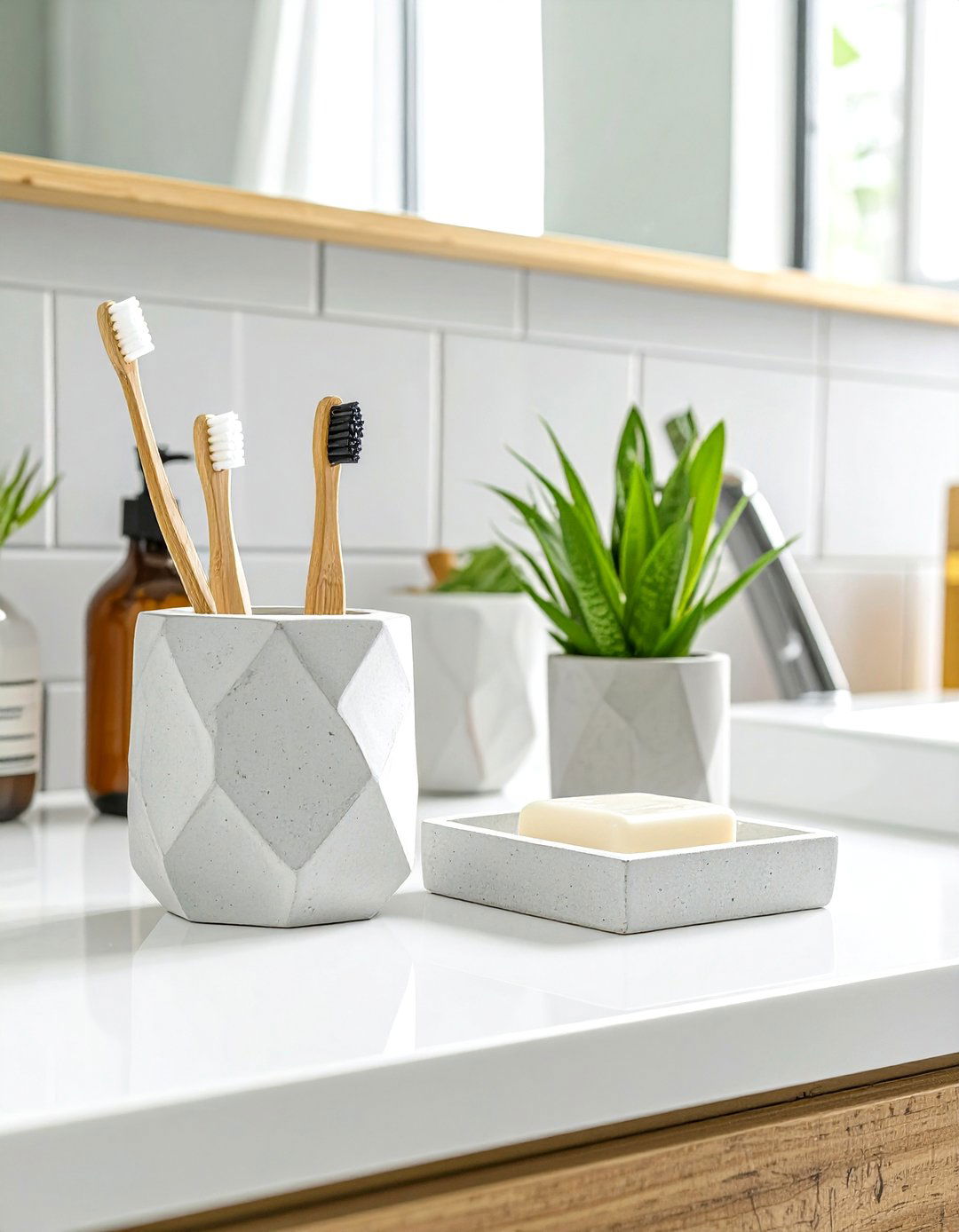 Geometric Concrete Holders - 30 bathroom counter organization ideas