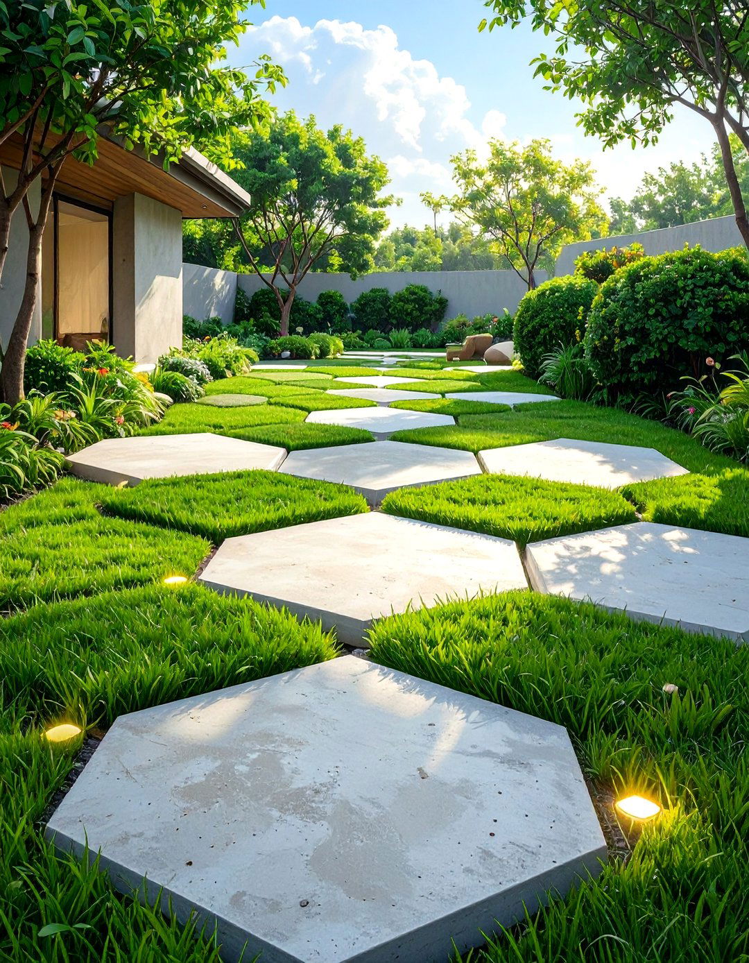 Geometric Concrete and Grass Path - 30 backyard pathway ideas