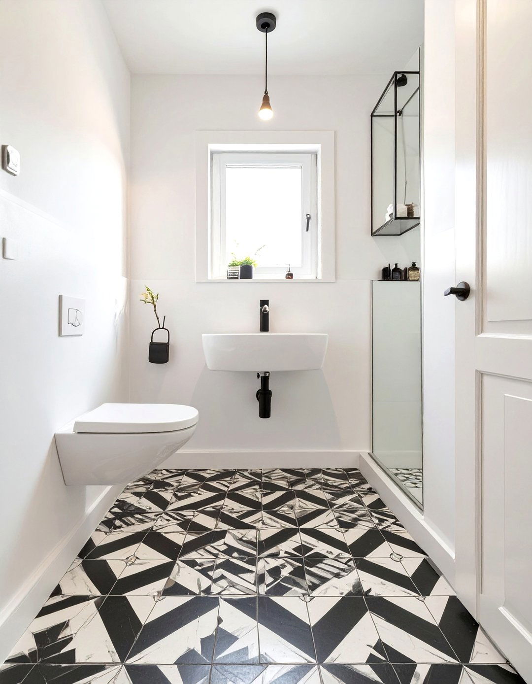 Geometric Floor Tile Bathroom - 30 black and white small bathroom ideas