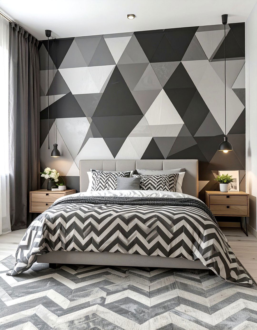 Geometric Patterned Bedroom - 30 black and grey bedroom ideas