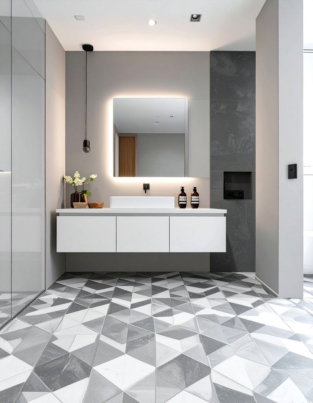 Geometric Patterned Grey and White Bathroom - 30 grey and white bathroom ideas