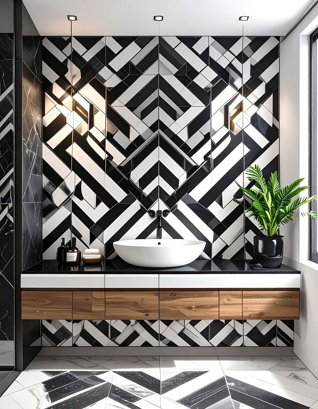 Geometric Patterned Tile Accent Wall - 30 small bathroom accent wall ideas