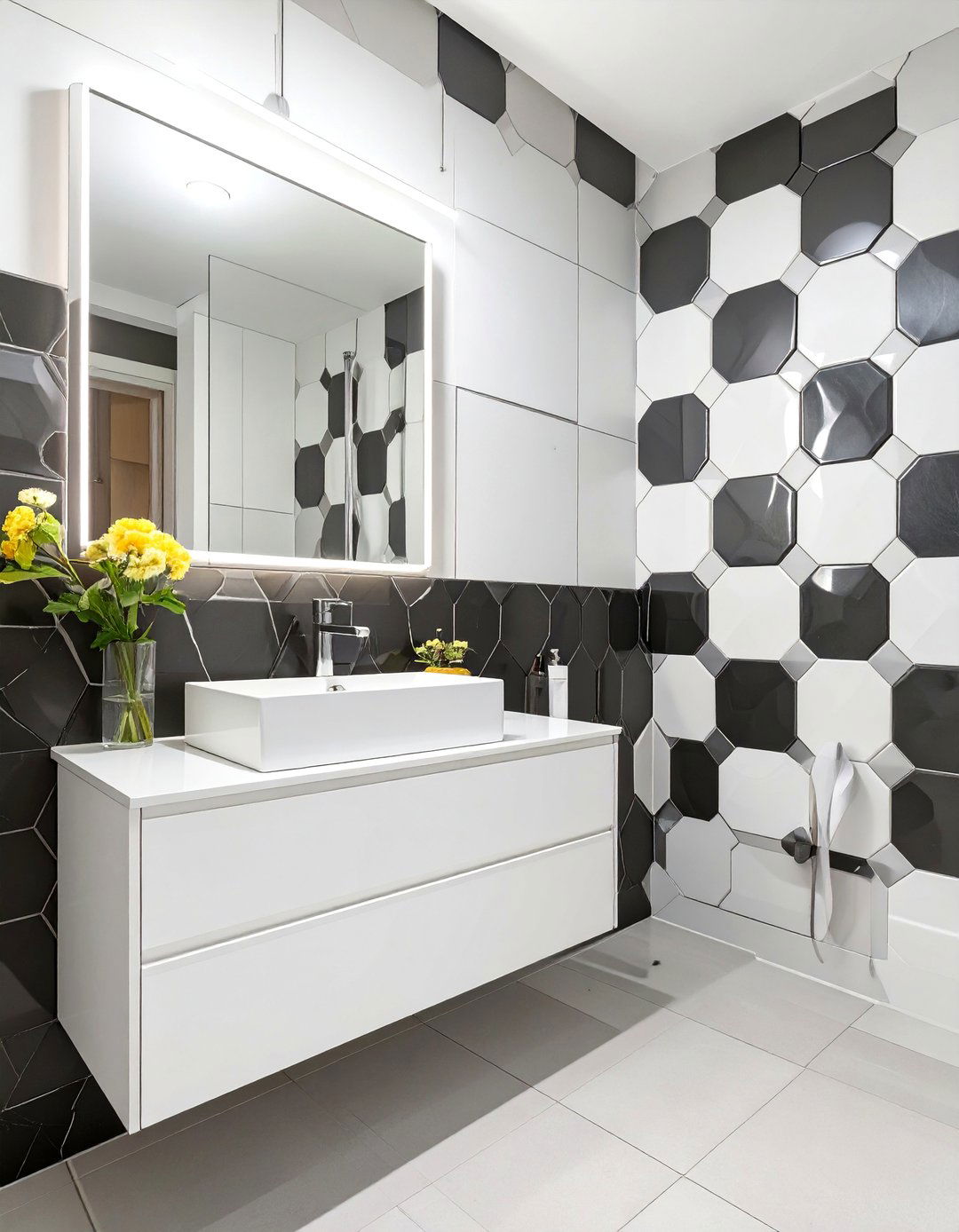 Geometric Patterned Tile Accent Wall - 30 bathroom accent wall ideas