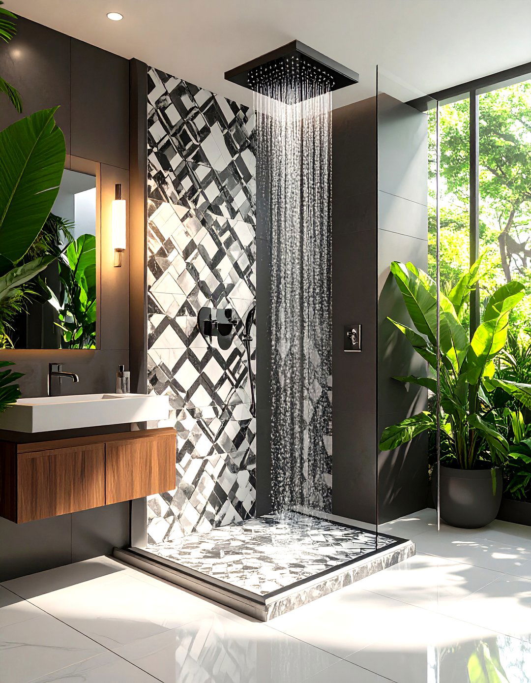 Geometric Patterned Tile Shower - 30 large tile shower ideas