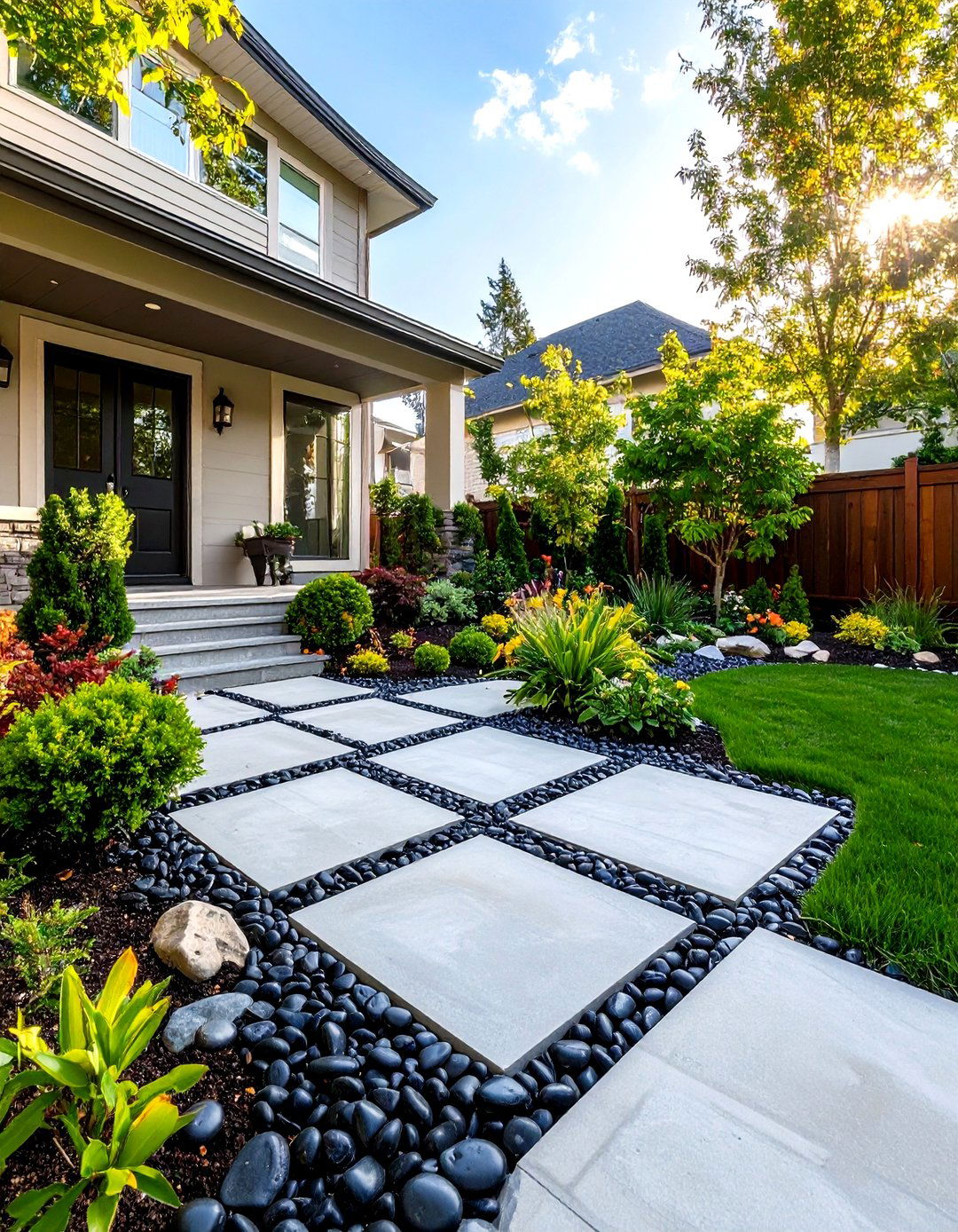 Geometric Paver and Rock Design - 30 front yard landscaping ideas with rocks no grass