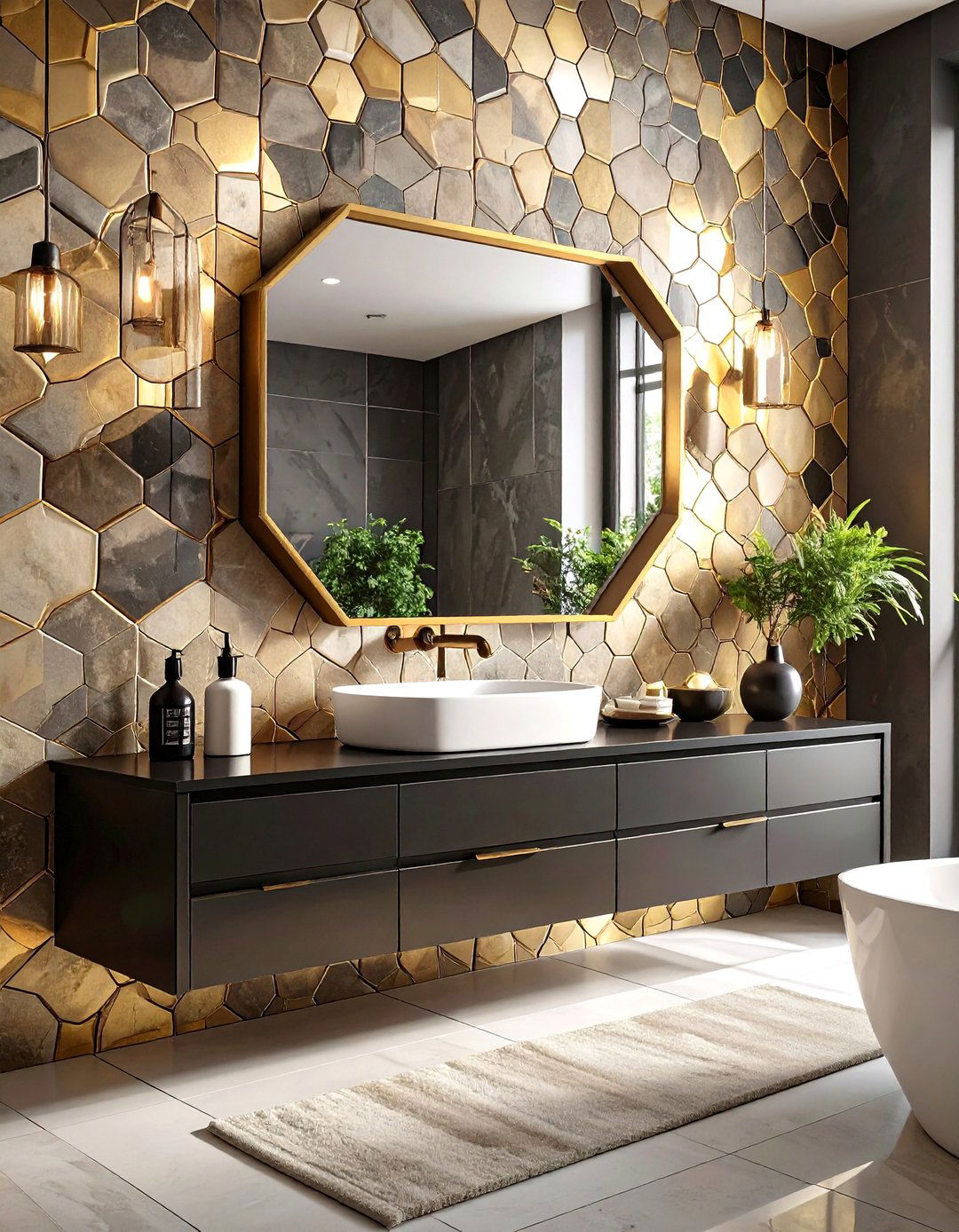 Geometric Tile Bathroom - 30 black and gold bathroom ideas
