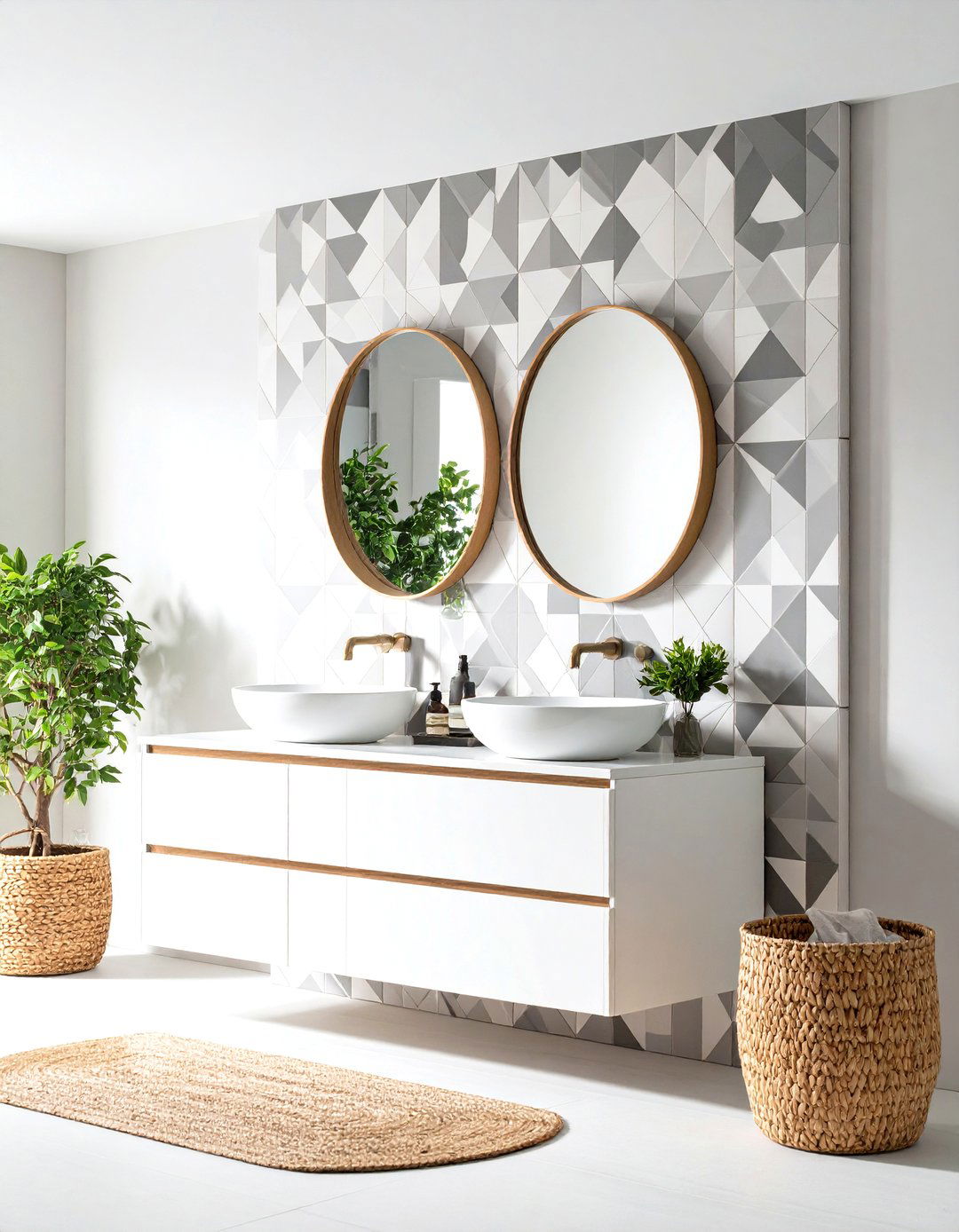 Geometric Tile Bathroom Accent Wall - 30 gray and white bathroom ideas