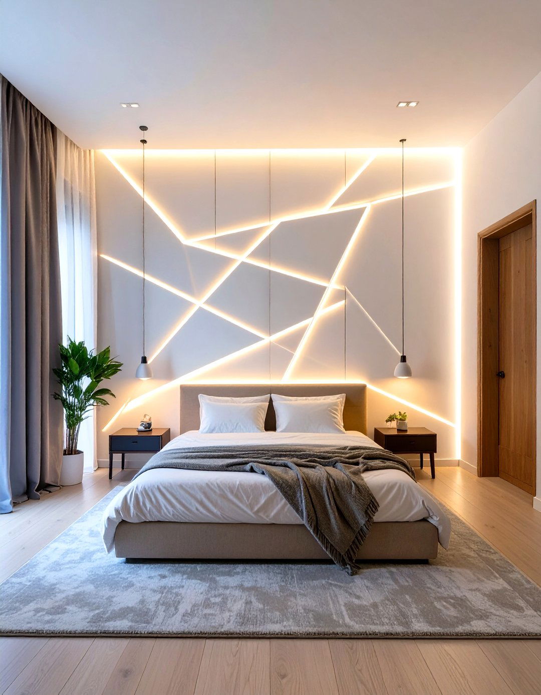 Geometric Wall Design with LED Strips - 30 teenage girl bedroom ideas with led lights