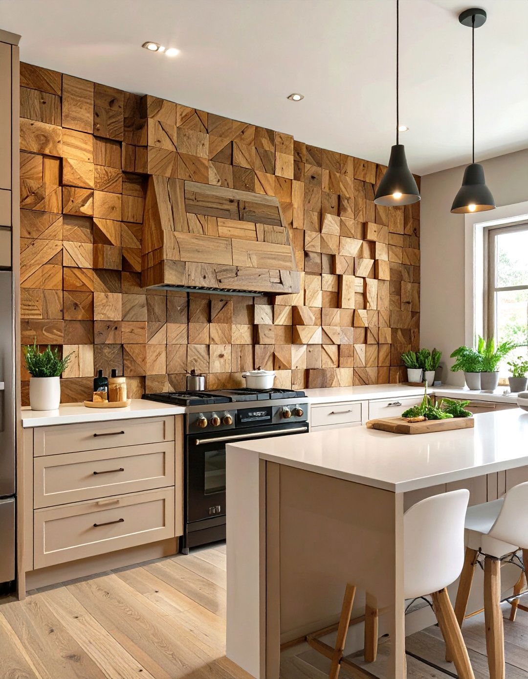Geometric Wood Block Backsplash - 30 cheap backsplash ideas