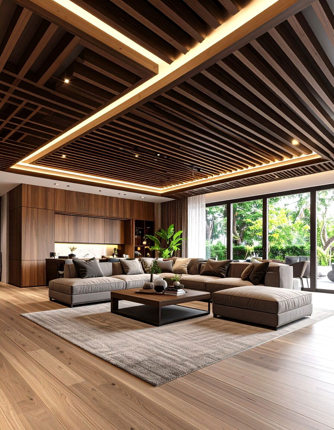 Geometric Wood Slats Ceiling - 30 living room ceiling ideas