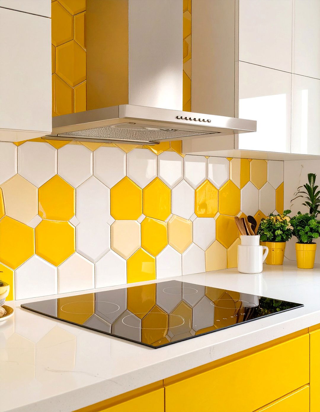 Geometric Yellow Tile Backsplash - 30 yellow kitchen ideas
