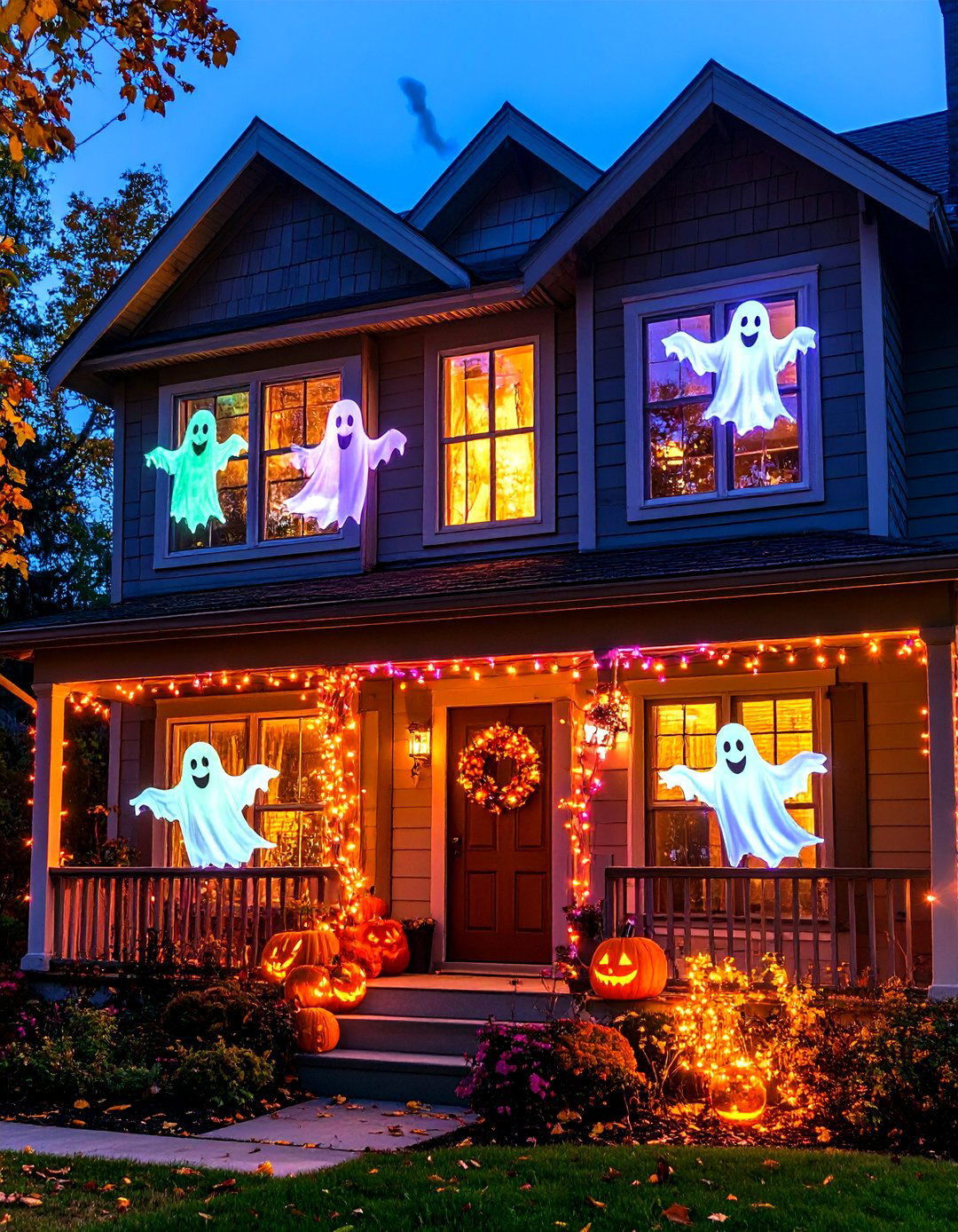 Ghostly Projections on House - 30 halloween decoration ideas outdoor diy