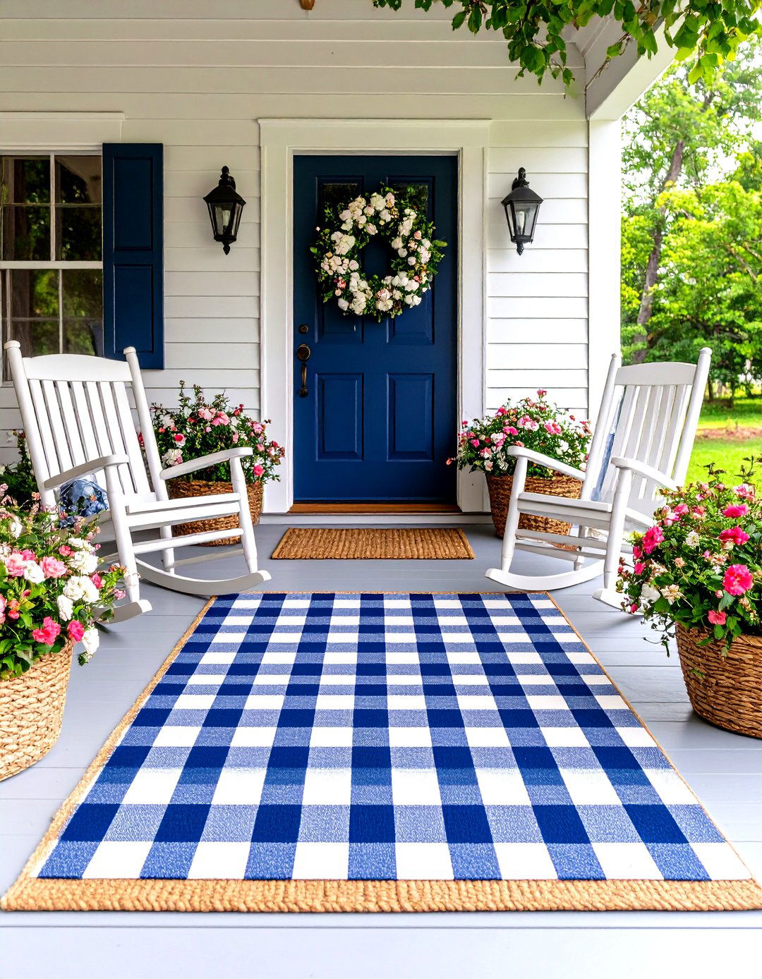 Gingham Check Farmhouse Rug - 30 front porch rug ideas