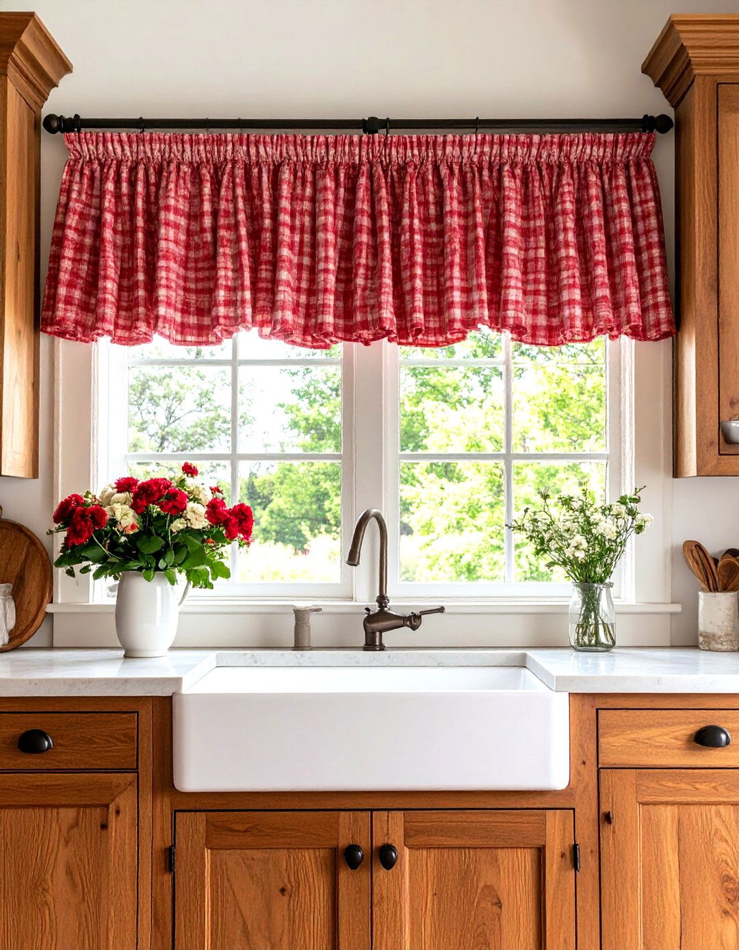 Gingham Ruffled Tiers for Country Charm - 30 kitchen curtain ideas above sink
