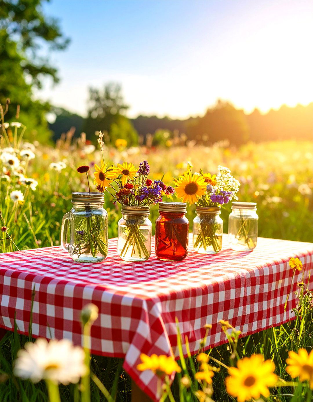 Gingham Tablecloth and Wildflower Bouquets - 30 outdoor table decor ideas