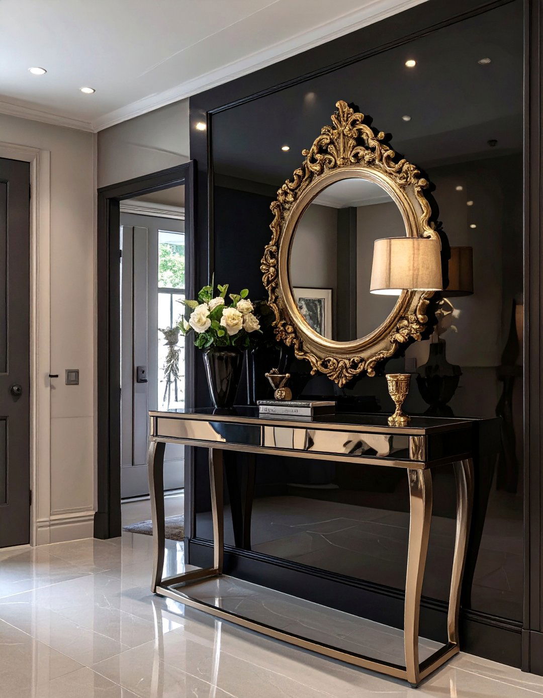 Glam Entryway with a Black Lacquered Wall - 30 black accent wall ideas