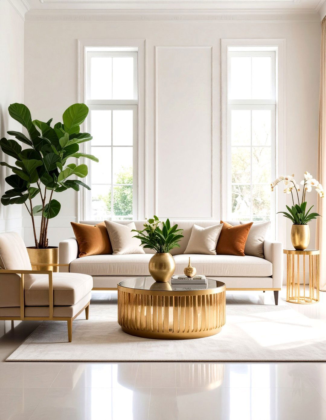 Glam Living Room with Orchids and Tall Plants - 30 living room indoor plants decoration ideas