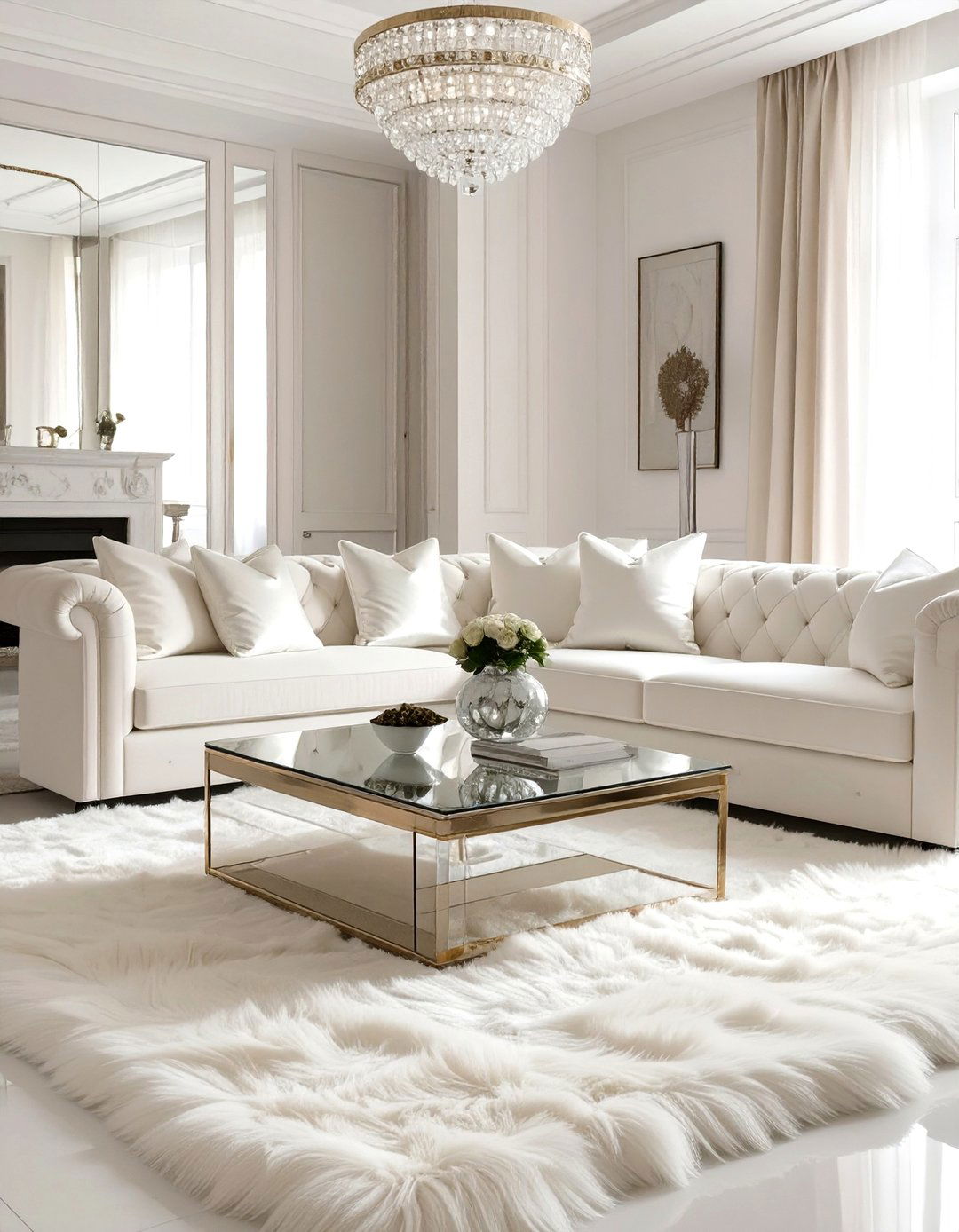 Glam White Living Room with Luxe Textures - 30 white living room ideas